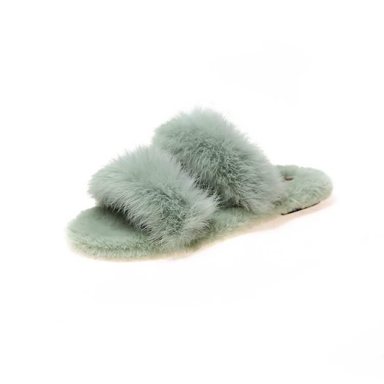 Autumn And Winter New Rabbit Fur Flat Bottom Slippers Female Korean Casual Outer Wear Fur Slippers Green - Shop at LoveMi