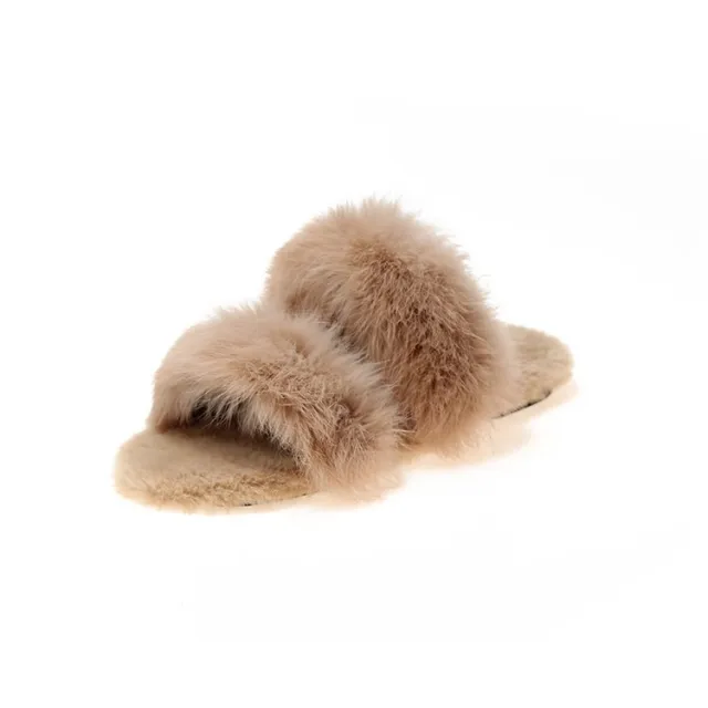 Autumn And Winter New Rabbit Fur Flat Bottom Slippers Female Korean Casual Outer Wear Fur Slippers Khaki - Shop at LoveMi