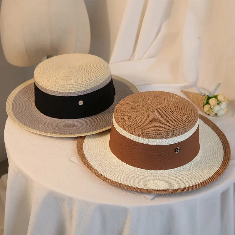 Summer Elegant Retro Women Flat Top Straw Hat Trip