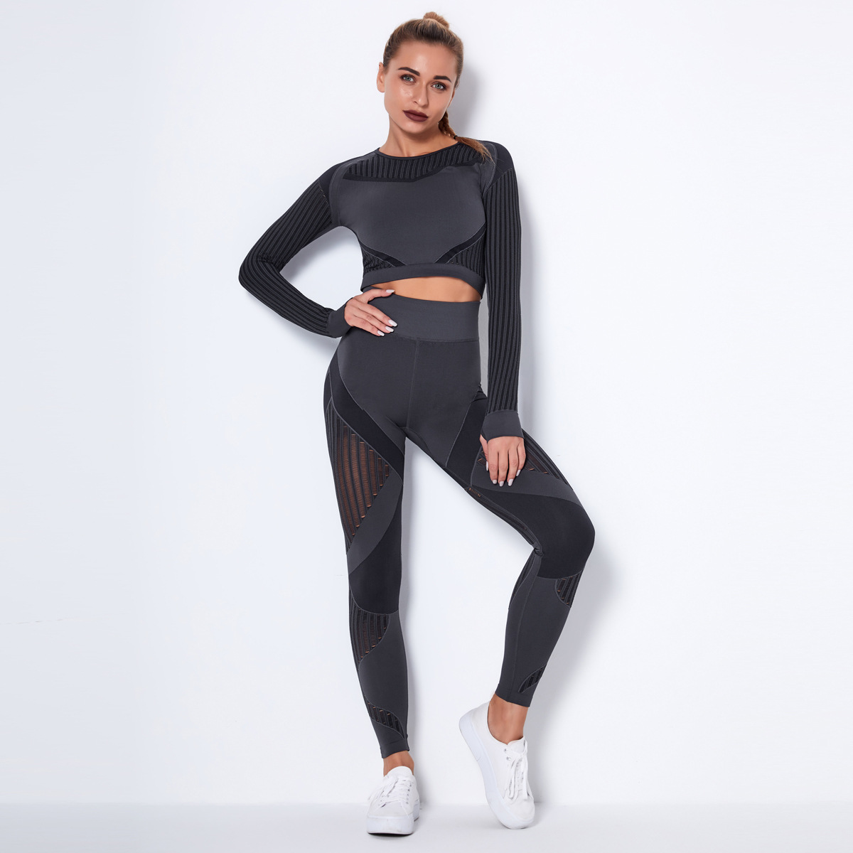 Seamless Mesh Quick-Drying Striped Fitness Yoga Suit