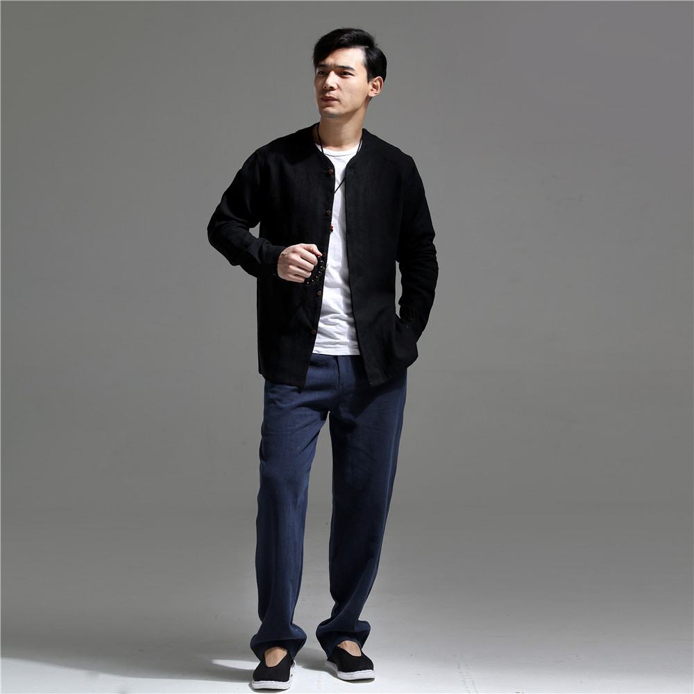 Buttoned cotton and linen Chinese style men's ramie shirt