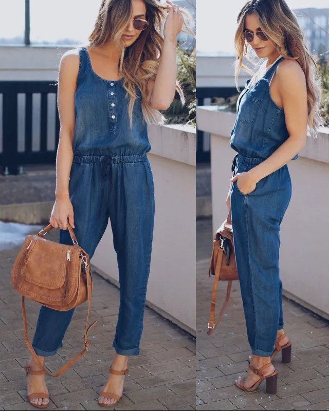Casual Waist Vest Denim Jumpsuit Dark Blue - Shop at LoveMi