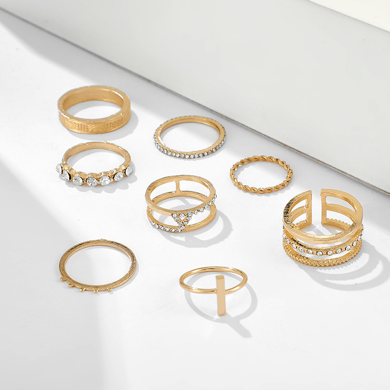 Twist And Diamond Open Word Ring 8-Piece Set, RetroJoint Ring Set