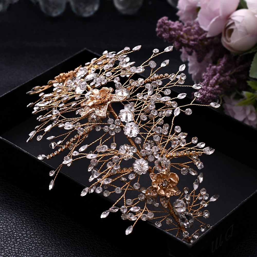 Golden Queen, Bridal Headdress, Exquisite Alloy Flower And Diamond Bridal Hair Accessories