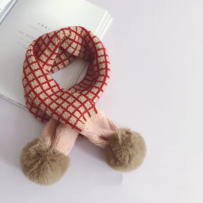 Small Square Plaid Color Matching Big Hair Ball Children's Pullover Scarf