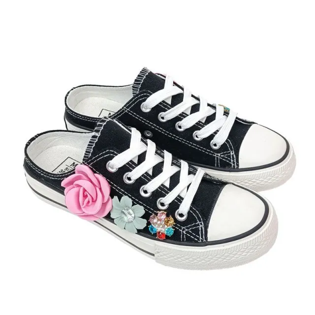 Flat heel Casual Front Lace up Floral Canvas Half Slippers Black - Shop at LoveMi