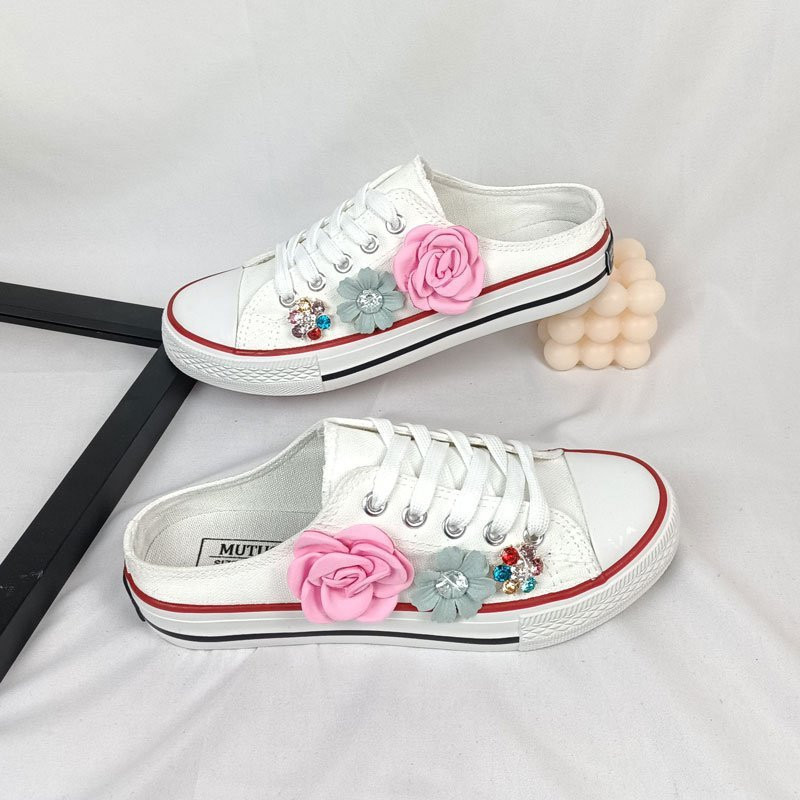 Flat-heel Casual Front Lace-up Floral Canvas Half Slippers