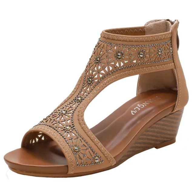 Bohemian Ladies Sandals, Summer New Style Wedge Heel Mid Heel Mother Shoes, Comfortable Wedge Heel Women Brown - Shop at LoveMi