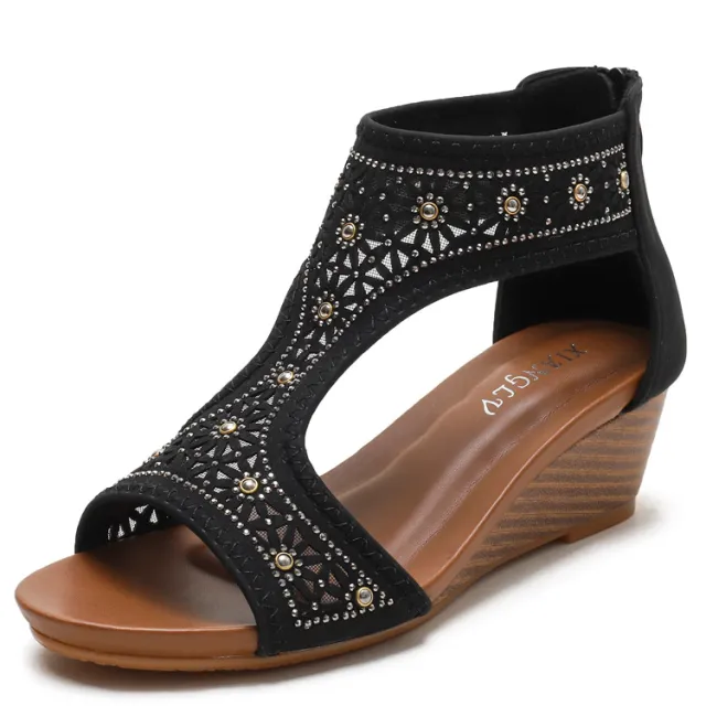 Bohemian Ladies Sandals, Summer New Style Wedge Heel Mid Heel Mother Shoes, Comfortable Wedge Heel Women Black - Shop at LoveMi