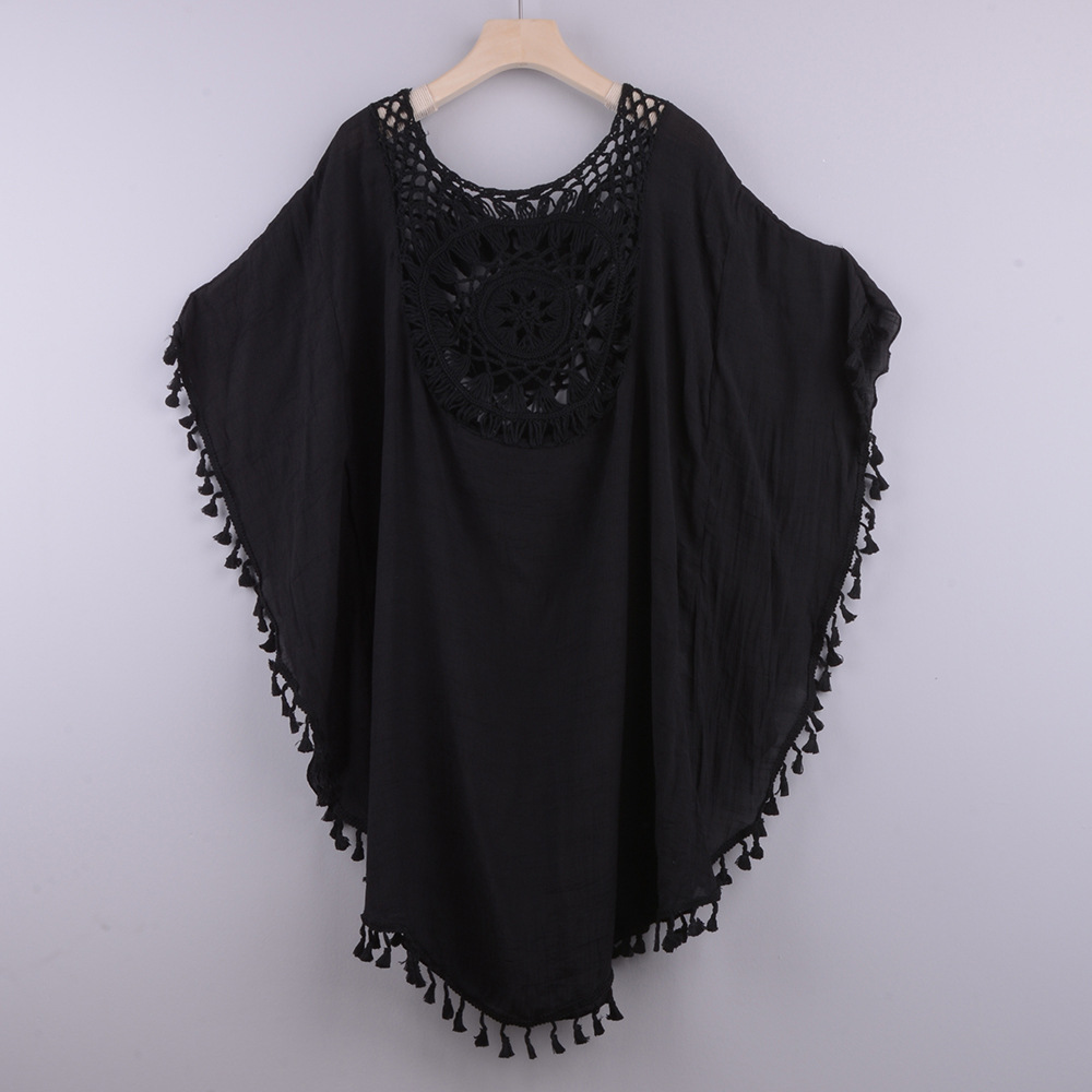 Off The Shoulder Hollow Loose Large Size Fringed Bikini Ins Wind And Beach Blouse Black - Shop at LoveMi