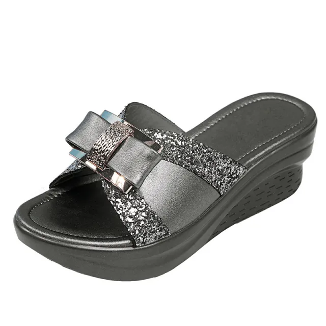 Wedge Heel Bowknot Fish Mouth Large Size One word Slippers Female Mother Shoes Grey - Shop at LoveMi