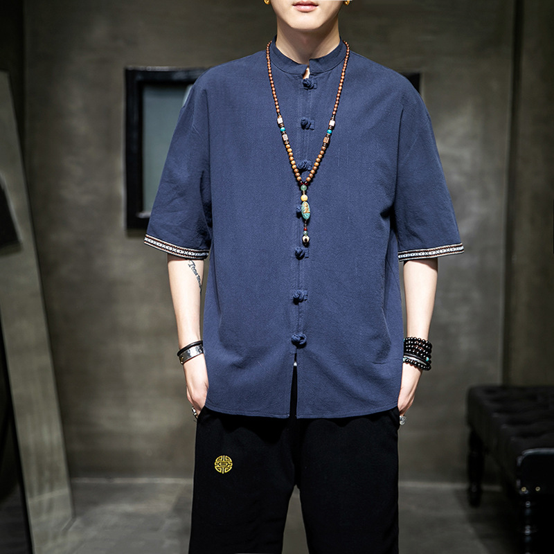 Buttoned Shirt Men's Loose Cardigan Round Neck Printed Shirt