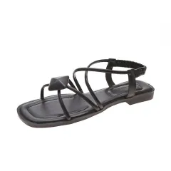 Flat Shoes Cross Straps Student Roman Beach Shoes Women - Black - View 1