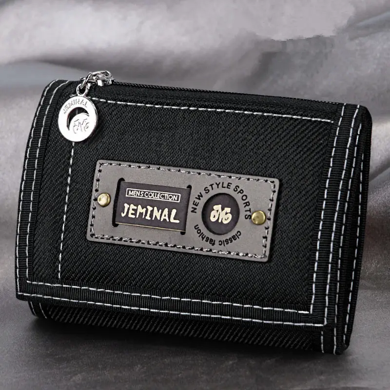 Men'S Canvas Short Three-Fold Simple Small Wallet Student Zipper