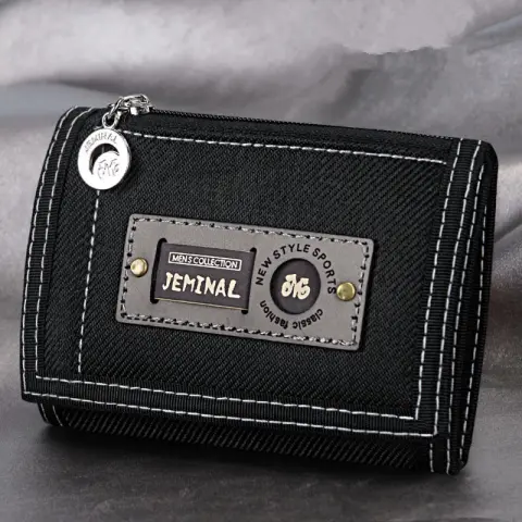 Men'S Canvas Short Three-Fold Simple Small Wallet Student Zipper