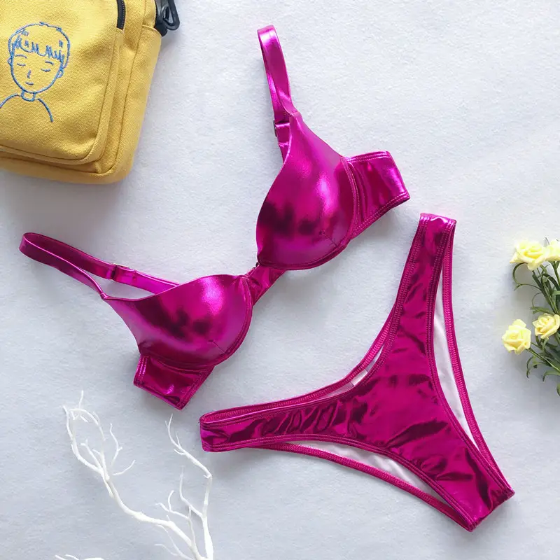 Amazon Blasts Shiny Leather Hard Bag Two-Piece Bikini European And American Gathered Swimwear Aliexpress Cross-Border Swimsuit