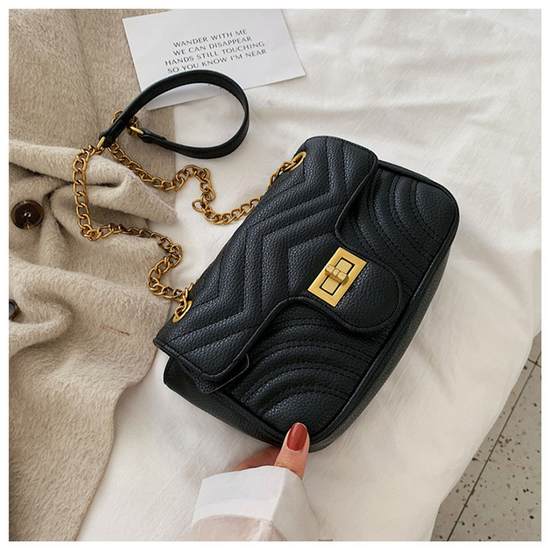 Wave Embroidered Thread Chain Bag Texture Messenger Shoulder Bag Black - Shop at LoveMi