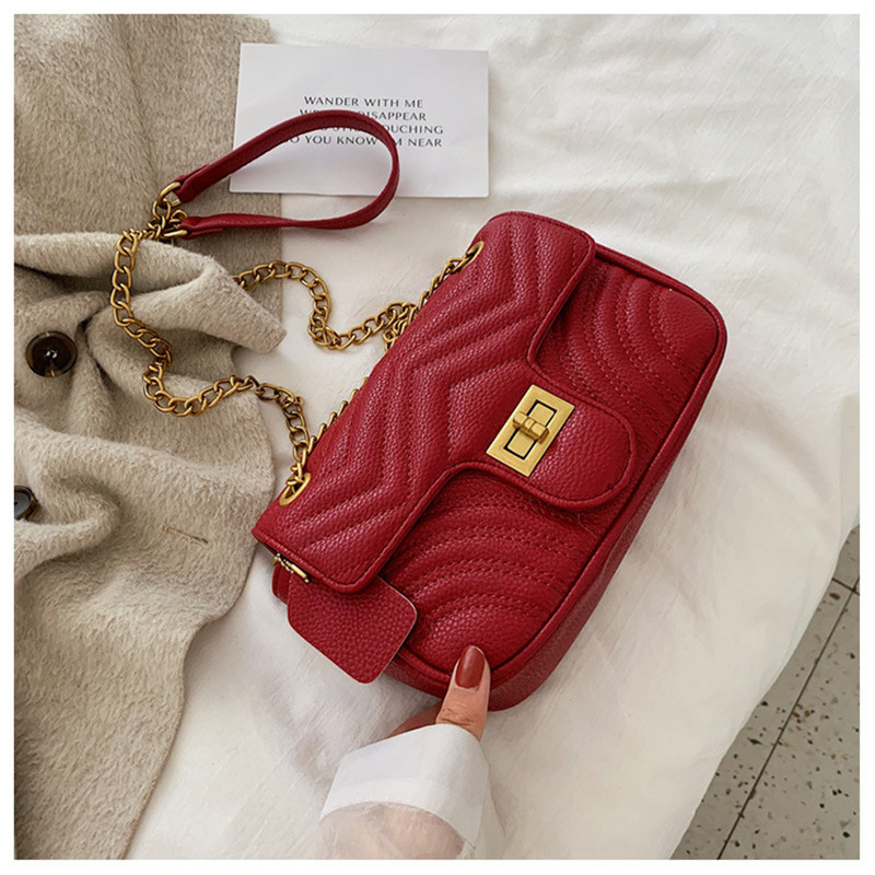 Wave Embroidered Thread Chain Bag Texture Messenger Shoulder Bag Red - Shop at LoveMi