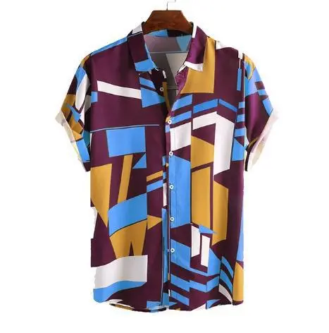 Sumiton Summer Men'S Model European And American Printed Shirt Holiday Style Short Sleeve Loose Top Purple - Shop at LoveMi
