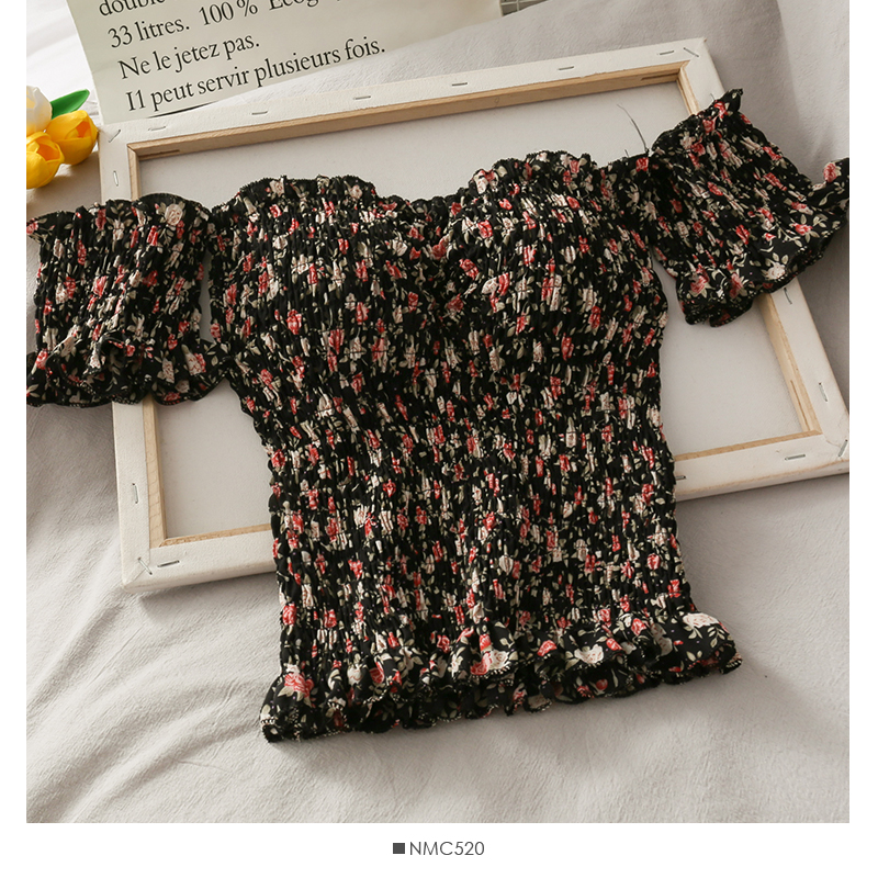 Shirt Floral Small Fresh Wooden Ears Retro Wrinkled Shoulder Tops Female Word New Slim Short Shirt