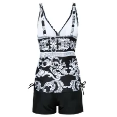 Simple Bikini Split Digital Printing Black Bottom White Flower Swimsuit Floral Conservative Swimsuit - Floral - View 1