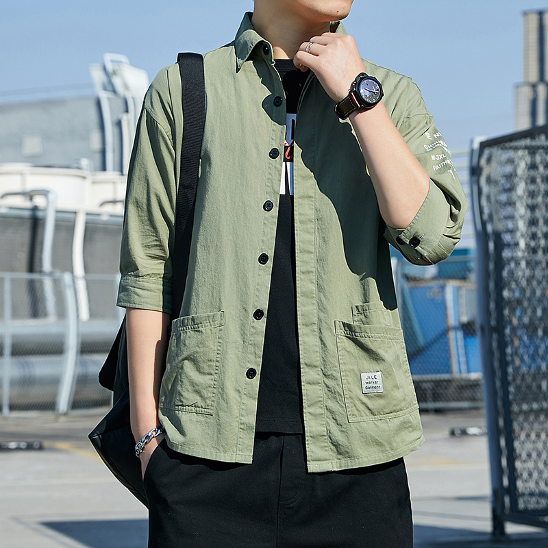 Summer New Korean Solid Color Loose 7-Sleeve Shirt Tide Brand Hong Kong Wind Men'S Work Shirt Coat