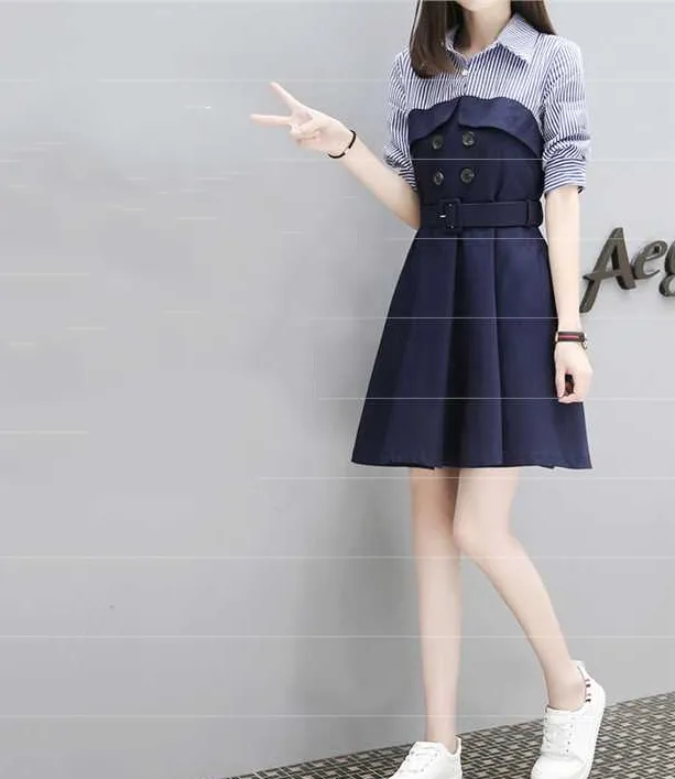Large Size Women's Mid length Temperament Was Thin a line Dress Fashion Casual Long sleeved Kirt Royal Blue - Shop at LoveMi