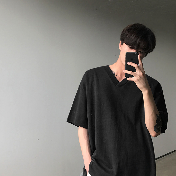 Summer Boys' Korean V-Neck Short Sleeve T-Shirt Solid Color Loose Half Sleeve T-Shirt Lovers' Hong Kong Style Clothes
