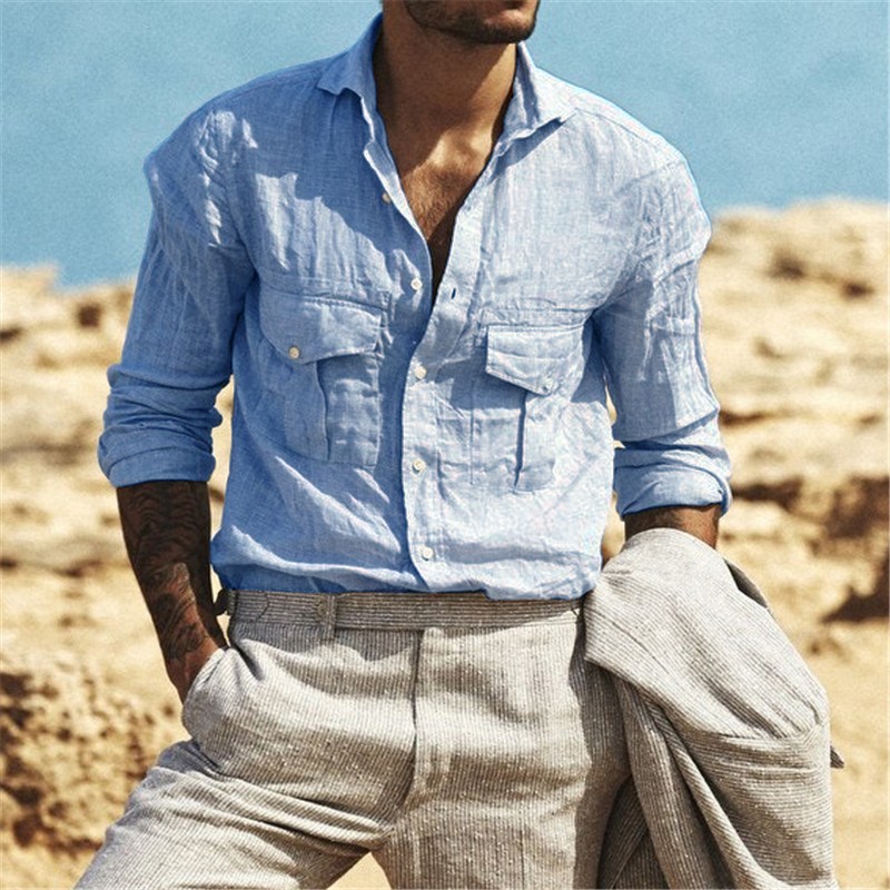 Men's Cotton And Linen Long-Sleeved Shirt