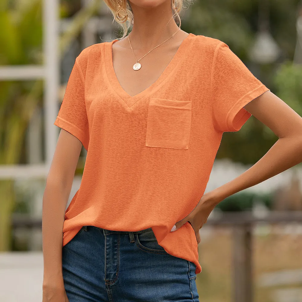 European And American Women'S V-Neck Pocket Casual Loose Short-Sleeved T-Shirt Top - Orange