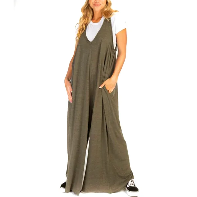 New Knitted Casual Loose Solid Color Vest Wide Leg Jumpsuit Olive Green - Shop at LoveMi