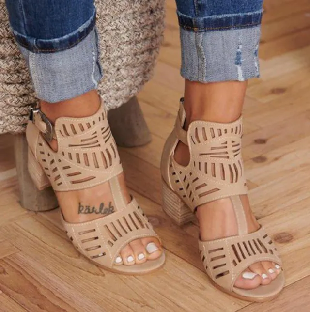 Hollow Carved Thick Heel Large Size 43 Ladies Sandals Beige - Shop at LoveMi