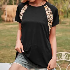 Women'S Spring And Summer New Tops European And American Leopard Print Stitching Round Neck Short-Sleeved T-Shirt - Black - View 1