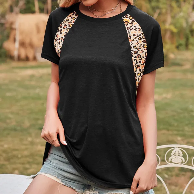 Women'S Spring And Summer New Tops European And American Leopard Print Stitching Round Neck Short Sleeved T Shirt Black - Shop at LoveMi