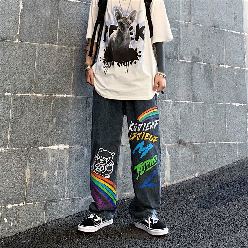 Title 3, Losse rechte trend broek met hiphop graffiti re...