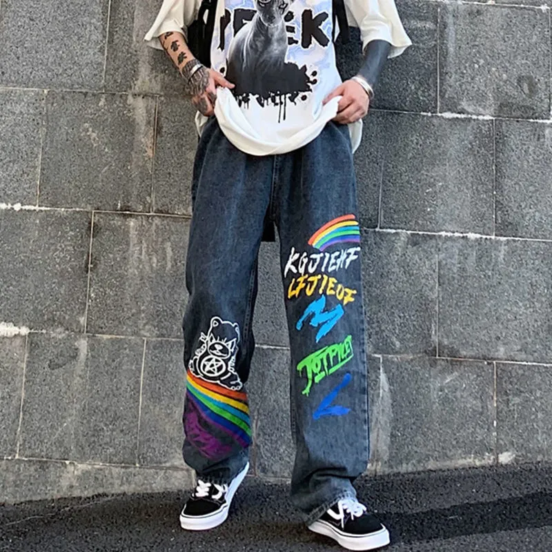 Loose Straight Trend Ins High Street Hip-Hop Graffiti Rainbow Letters Printed Trousers - Rainbow