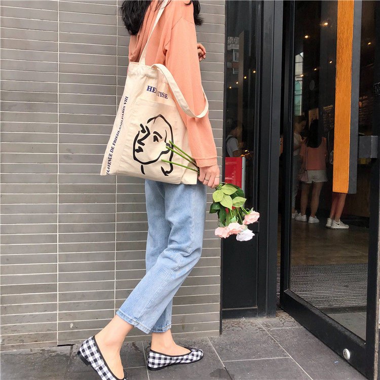 A224 Korean Ins Same Paragraph Simple Female A Vatar Printed Canvas Bag Shoulder Bag Outer Pocket Literary Cloth Bag