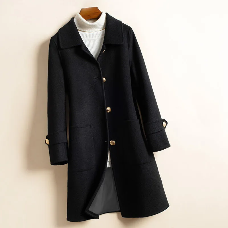 Women's Thick Mid-Length Woolen Coat - Black
