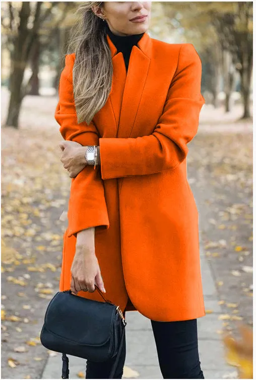 Fall Winter New Style European And American Fashion Solid Color Stand Up Collar Woolen Jacket Orange - Shop at LoveMi