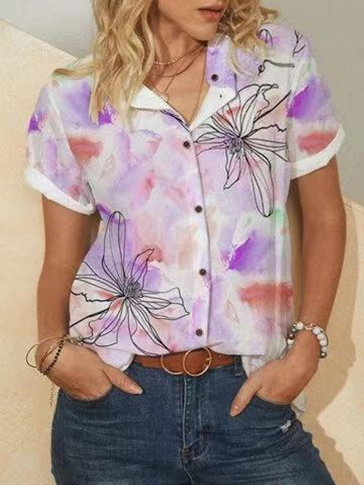 Digital Printed Short Sleeve Stand Collar Casual Shirt