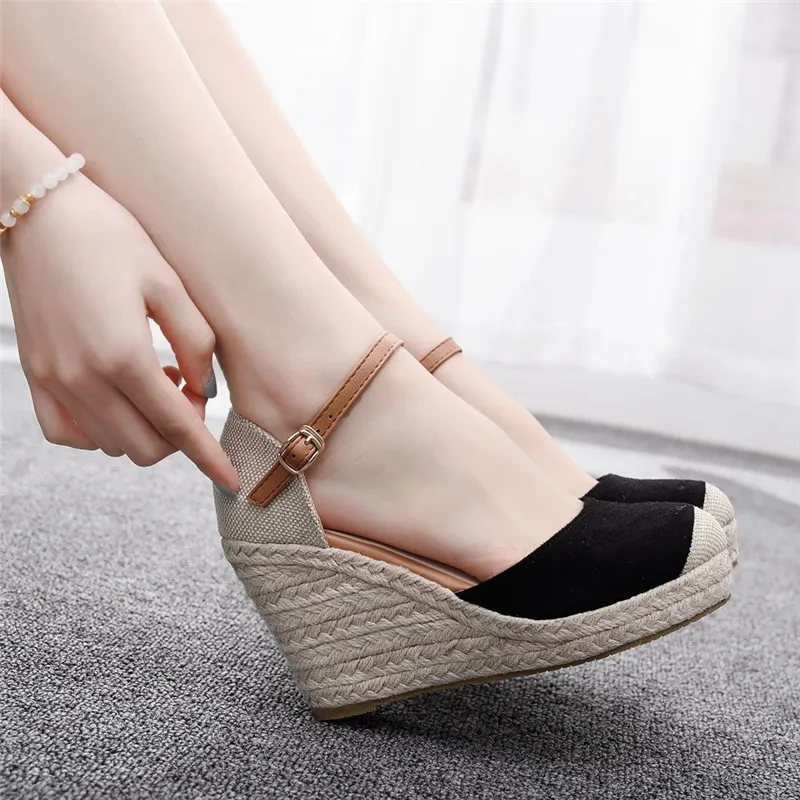 Fashion Mary Jane Wedge Sandals Round Toe Platform Wedge Sandals - Black