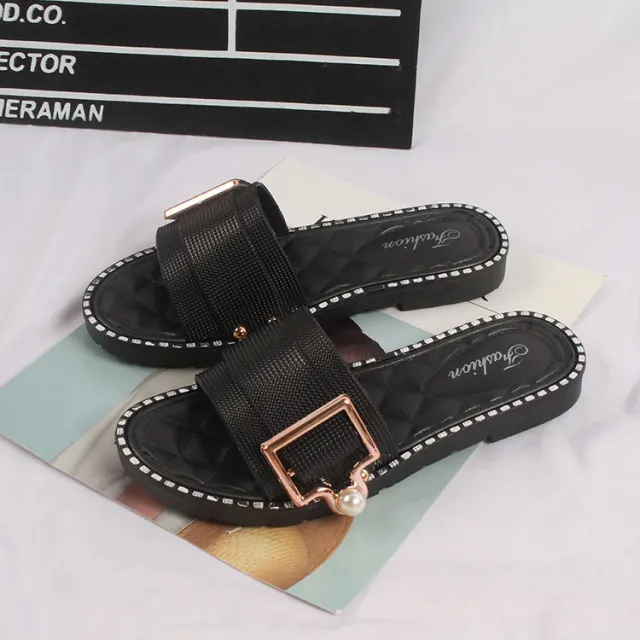 Women's Pearl Buckle Flip Flops Flat Sandals And Slippers Black - Shop at LoveMi