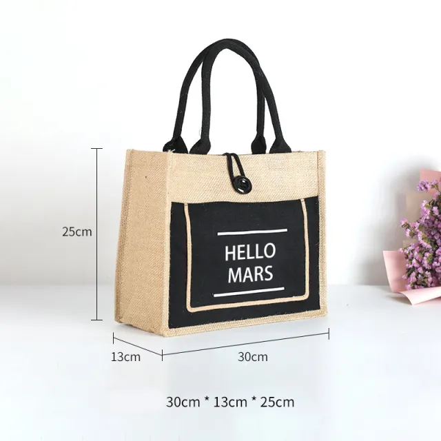 Jute Retro Tote bag Fashion Environmental Protection Cotton Linen Tote Shopping Bag Composite Waterproof Linen Bag Black - Shop at LoveMi