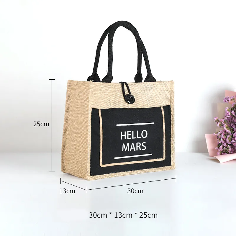 Jute Retro Tote bag Fashion Environmental Protection Cotton Linen Tote Shopping Bag Composite Waterproof Linen Bag - Black