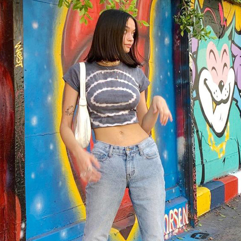 Aliexpress Foreign Trade Spring New Tie-Dye Gradient Color Round Neck Gray T-Shirt Female Slim Pullover Short-Sleeved Top