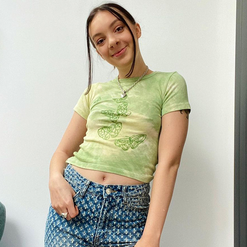 Title 2, Fashion Short Butterfly Green Print Short Sleeve