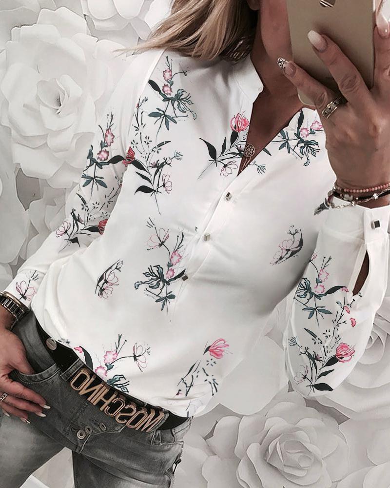 Ladies V-neck Long-sleeved Printed Shirt