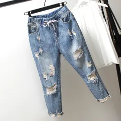 Middle School Students Plus Size Women's Ripped Jeans Summer New Fat MM200 Catties Loose And Thin Nine-Point Pants - Blue - View 1
