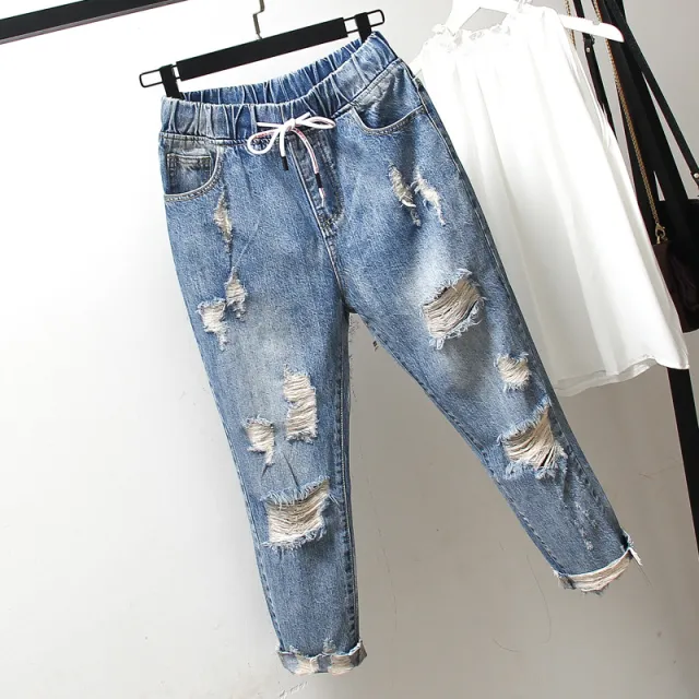 Middle School Students Plus Size Women's Ripped Jeans Summer New Fat MM200 Catties Loose And Thin Nine Point Pants Blue - Shop at LoveMi