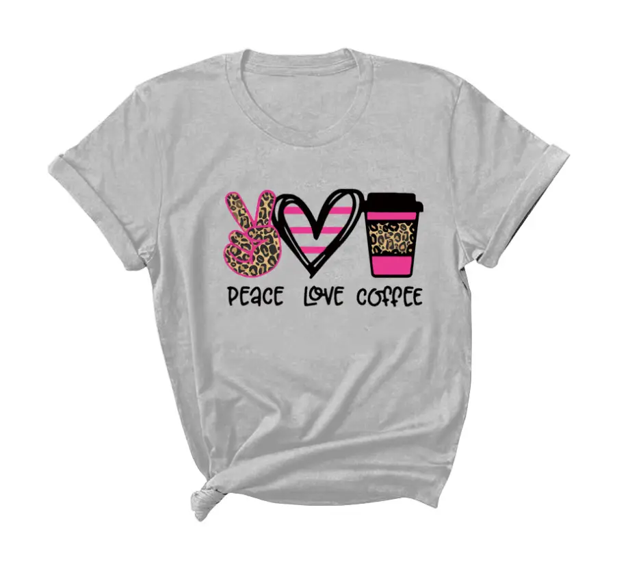 Peace Love Coffee Print Short Sleeved Round Neck T Shirt